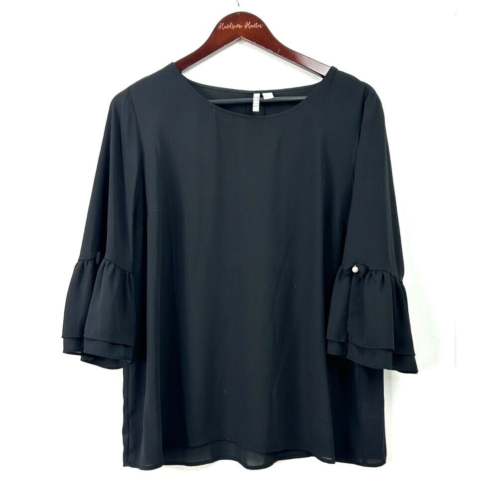 Elle Women Flared Tulip Pearl Sleeves Sz L Sheer Lightweight Flowy Blouse 1175T3
